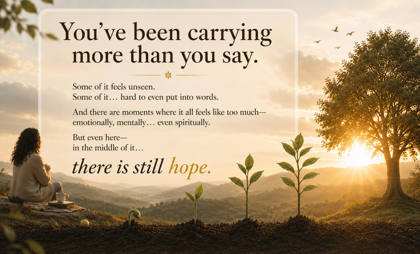 A woman sits on a hillside at golden hour, gazing toward a message of hope as seedlings rise from the soil and the sun sets behind a tree. It reads: You've been carrying more than you say. Some of it feels unseen. Some of it hard to even put into words. And there are moments where it all feels like too much — emotionally, mentally, even spiritually. But even here, in the middle of it, there is still hope.